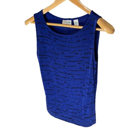 Chicos Travelers Blue Black Sleeveless Stretch Knit Shell Top Sz S - Picture 3 of 10